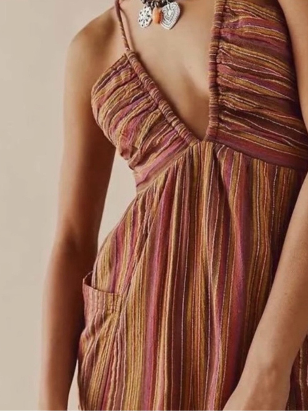 FREE PEOPLE Sundaze For Surfin Jumpsuit In Red Clay Combo M Striped Harlem Gauzy - Picture 2 of 8